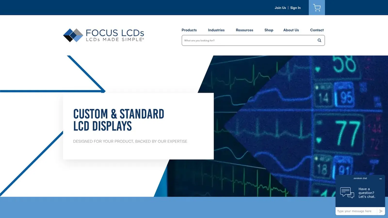 Focus LCDs homepage for a custom LCD display manufacturer