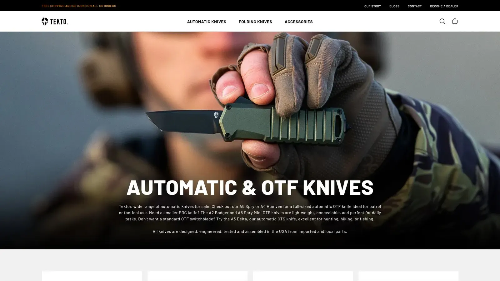 Tekto Knives Shopify storefront with folding knife product imagery