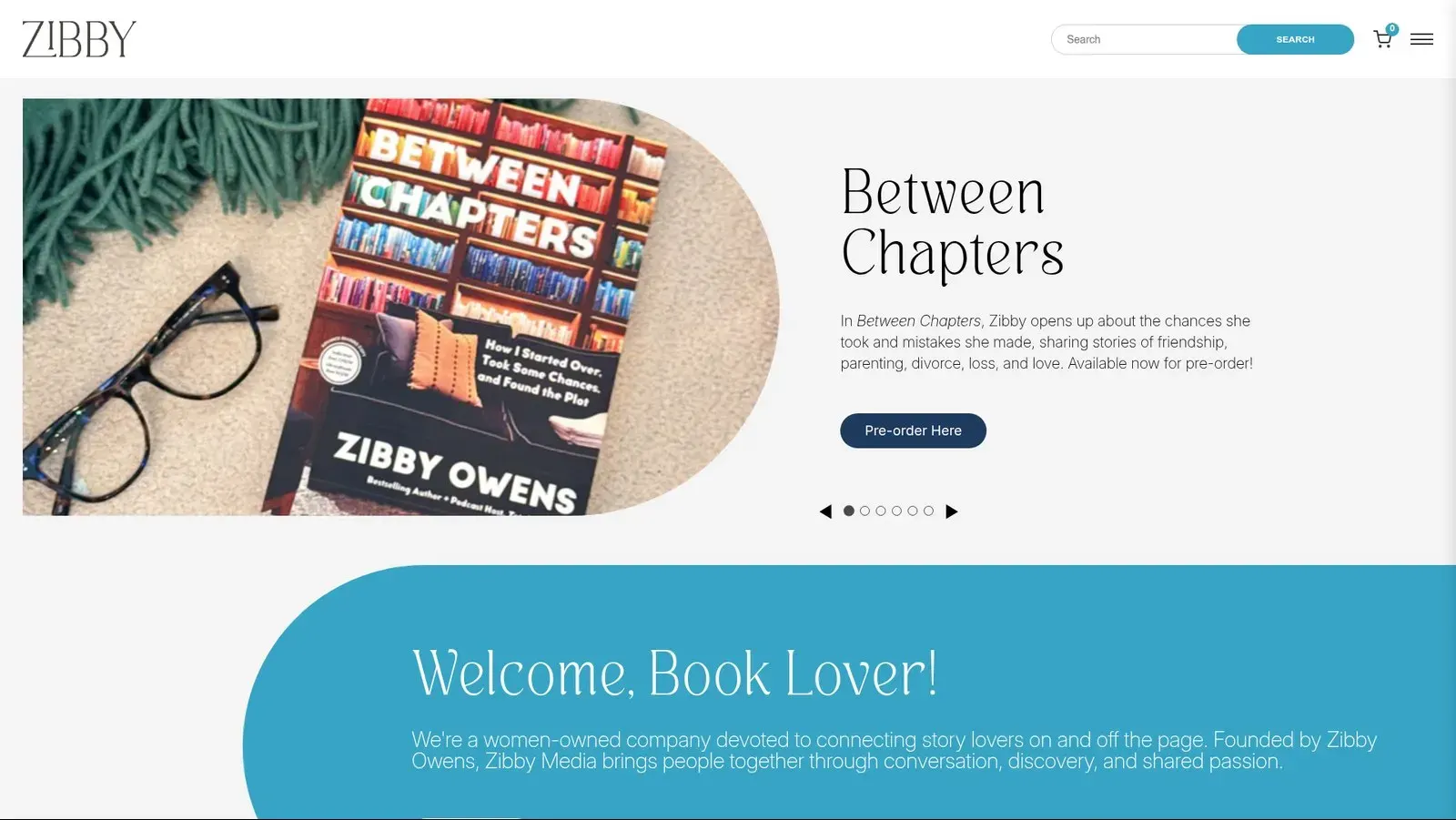 Zibby Media homepage showing the Between Chapters book by Zibby Owens with a pre-order button